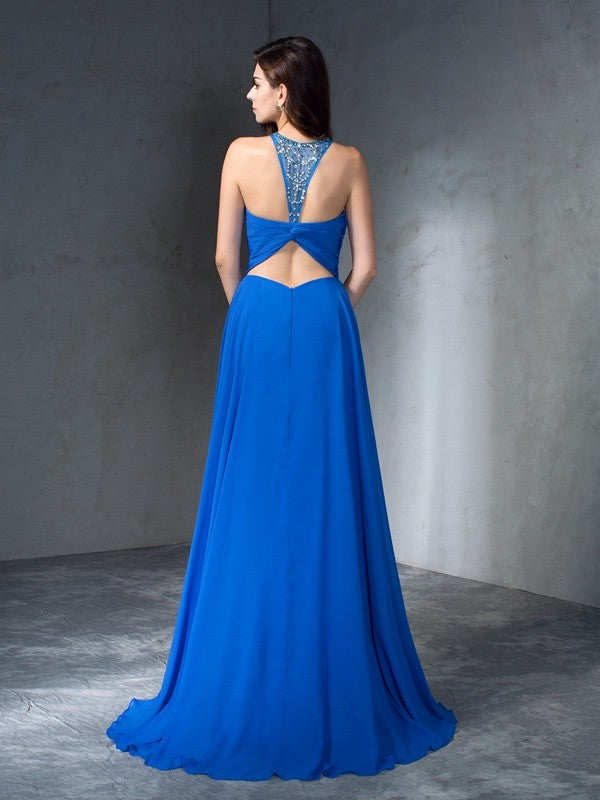 A-Line/Princess Scoop Beading Sleeveless Long Chiffon Dresses