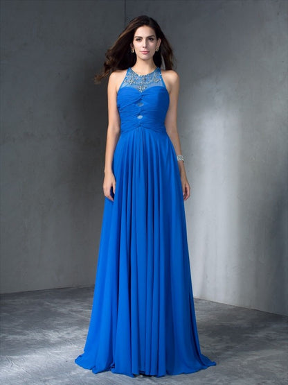 A-Line/Princess Scoop Beading Sleeveless Long Chiffon Dresses