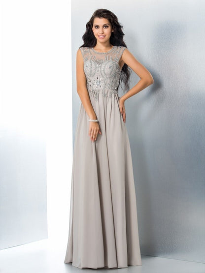 A-Line/Princess Sheer Neck Beading Sleeveless Long Chiffon Dresses