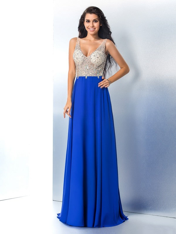 A-Line/Princess Straps Beading Sleeveless Long Chiffon Dresses