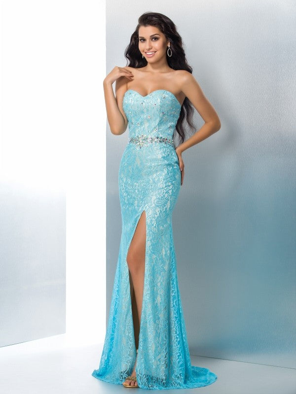 Trumpet/Mermaid Sweetheart Beading Long Sleeveless Lace Dresses