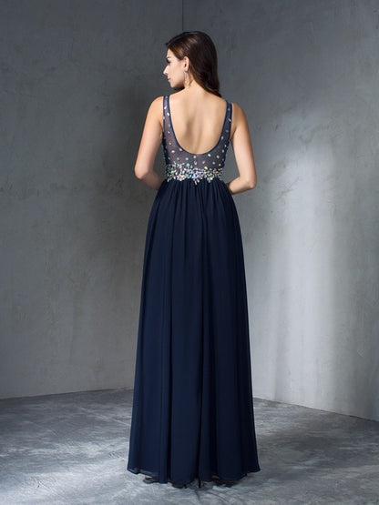 A-Line/Princess V-neck Beading Sleeveless Long Chiffon Dresses