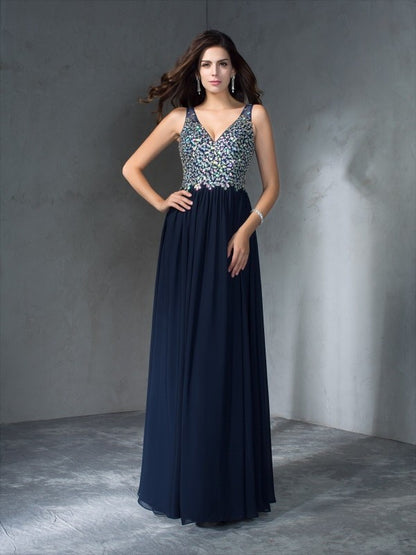 A-Line/Princess V-neck Beading Sleeveless Long Chiffon Dresses