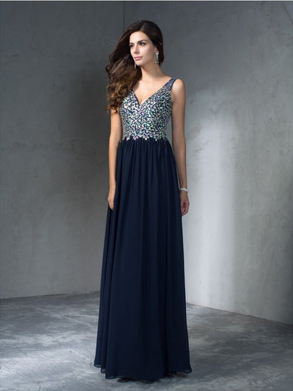 A-Line/Princess V-neck Beading Sleeveless Long Chiffon Dresses