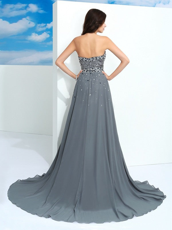 A-Line/Princess Sweetheart Beading Sleeveless Long Chiffon Dresses