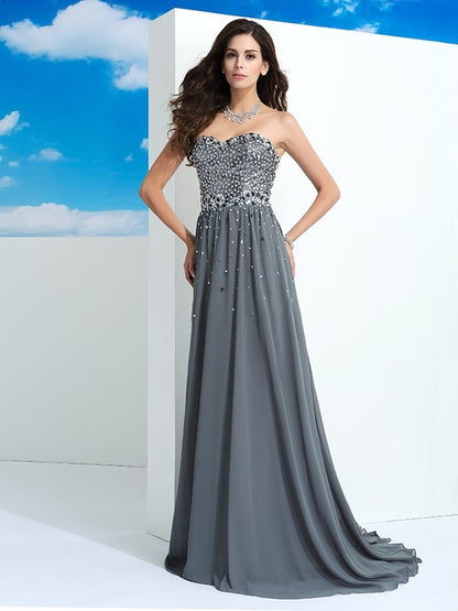 A-Line/Princess Sweetheart Beading Sleeveless Long Chiffon Dresses