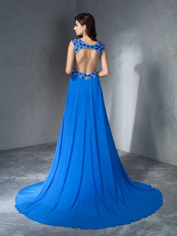 A-Line/Princess V-neck Sequin Sleeveless Long Chiffon Dresses