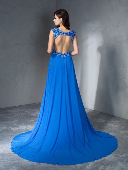 A-Line/Princess V-neck Sequin Sleeveless Long Chiffon Dresses