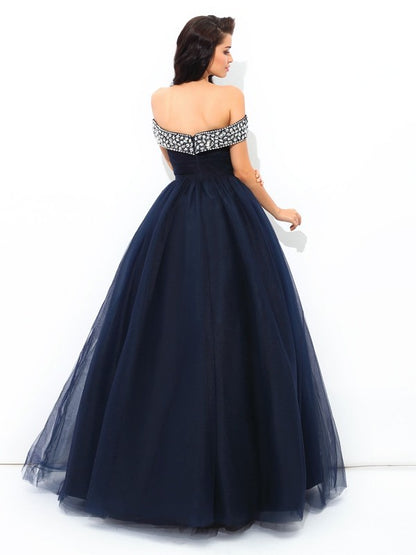 Ball Gown Off-the-Shoulder Beading Sleeveless Long Net Quinceanera Dresses