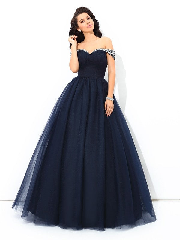 Ball Gown Off-the-Shoulder Beading Sleeveless Long Net Quinceanera Dresses