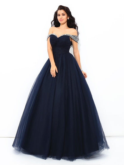 Ball Gown Off-the-Shoulder Beading Sleeveless Long Net Quinceanera Dresses