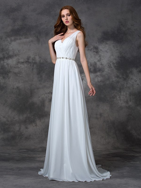 A-line/Princess V-neck Beading Sleeveless Long Chiffon Dresses