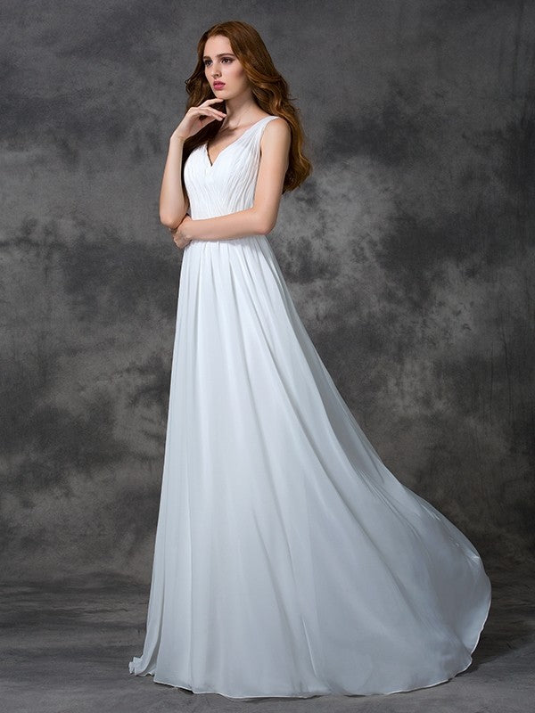 A-line/Princess V-neck Beading Sleeveless Long Chiffon Dresses