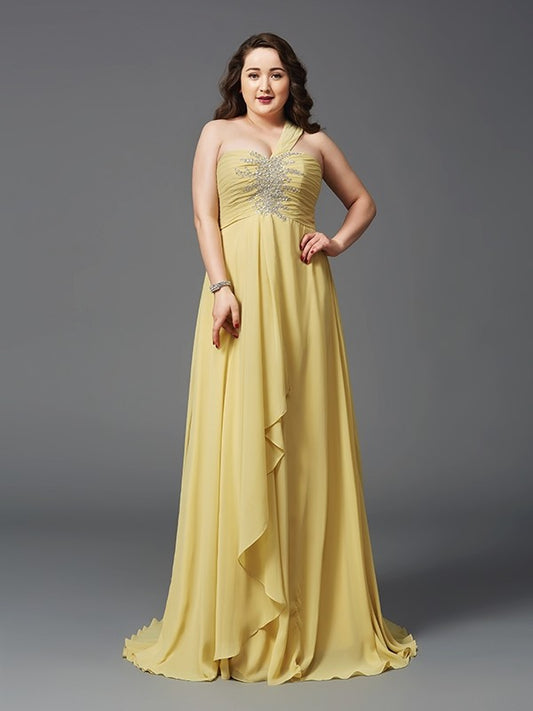 A-Line/Princess One-Shoulder Rhinestone Sleeveless Long Chiffon Plus Size Dresses