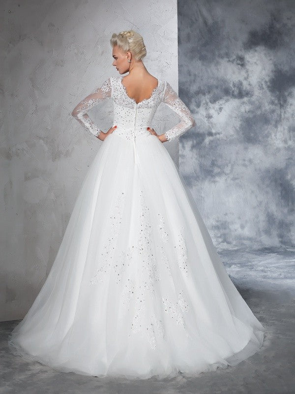 Ball Gown Bateau Lace Long Sleeves Long Net Wedding Dresses