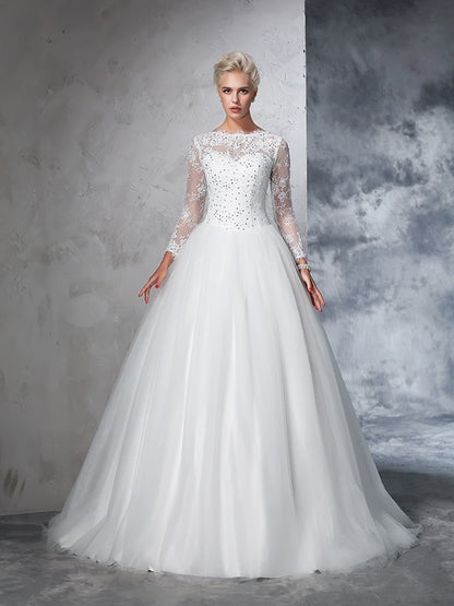 Ball Gown Bateau Lace Long Sleeves Long Net Wedding Dresses