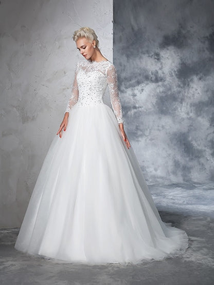 Ball Gown Bateau Lace Long Sleeves Long Net Wedding Dresses