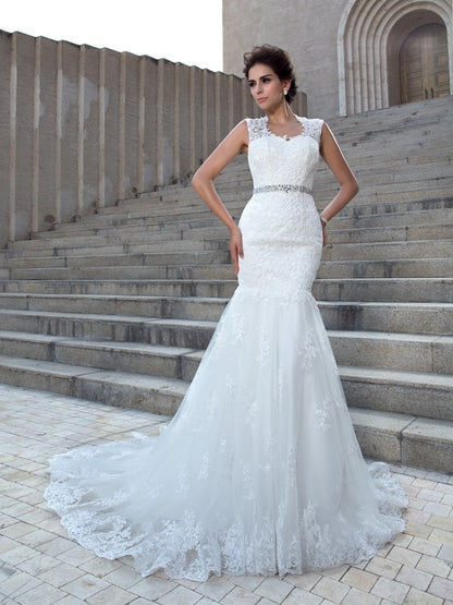 Trumpet/Mermaid V-neck Applique Sleeveless Long Lace Wedding Dresses