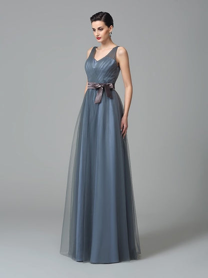 A-Line/Princess Straps Sash/Ribbon/Belt Sleeveless Long Net Bridesmaid Dresses