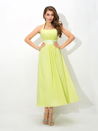 A-Line/Princess Halter Pleats Sleeveless Long Chiffon Bridesmaid Dresses