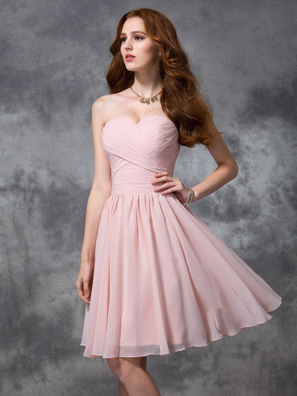 A-line/Princess Sweetheart Sleeveless Ruched Short Chiffon Bridesmaid Dresses