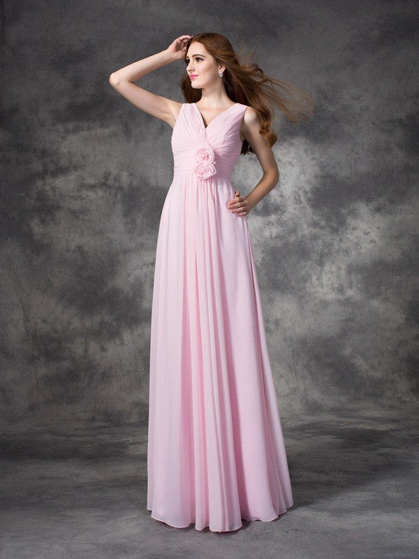 A-line/Princess V-neck Hand-Made Flower Sleeveless Long Chiffon Bridesmaid Dresses