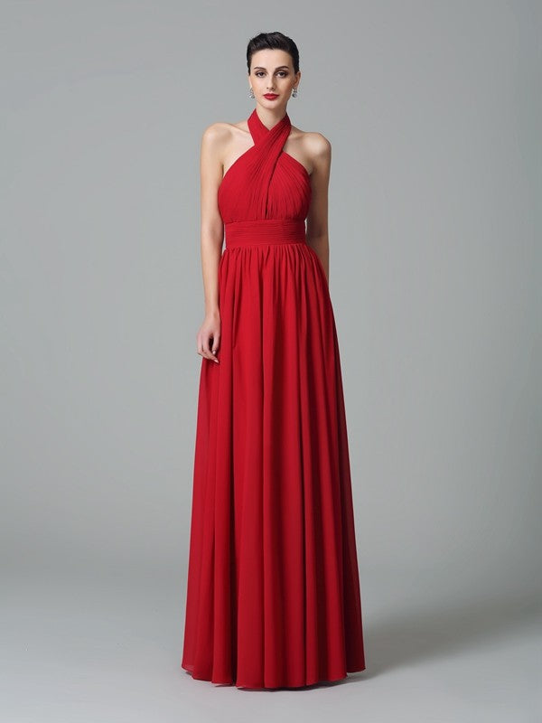 A-Line/Princess Halter Ruffles Sleeveless Long Chiffon Bridesmaid Dresses