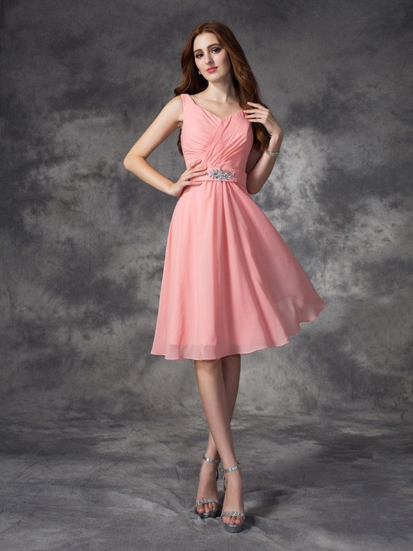 A-line/Princess Straps Rhinestone Sleeveless Short Chiffon Bridesmaid Dresses