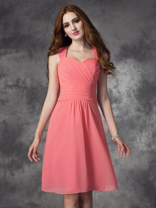 A-line/Princess Straps Ruched Sleeveless Short Chiffon Bridesmaid Dresses