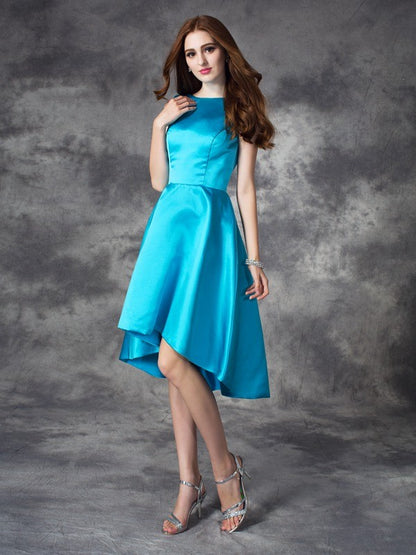 A-line/Princess Bateau Ruffles Sleeveless High Low Satin Bridesmaid Dresses