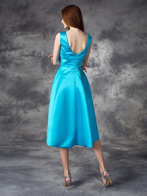 A-line/Princess Bateau Ruffles Sleeveless High Low Satin Bridesmaid Dresses