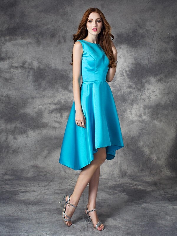 A-line/Princess Bateau Ruffles Sleeveless High Low Satin Bridesmaid Dresses