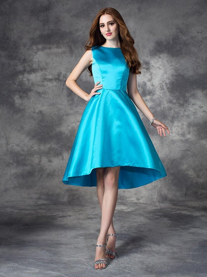 A-line/Princess Bateau Ruffles Sleeveless High Low Satin Bridesmaid Dresses