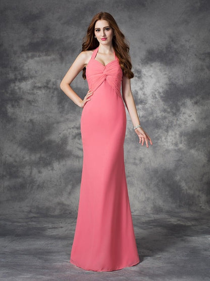 Sheath/Column Halter Ruched Sleeveless Long Chiffon Bridesmaid Dresses