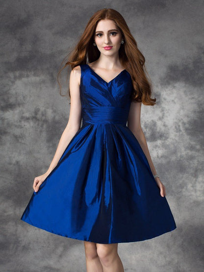 A-line/Princess V-neck Ruched Sleeveless Short Satin Bridesmaid Dresses