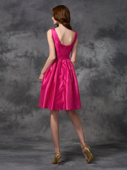 A-line/Princess Bateau Ruched Sleeveless Short Taffeta Bridesmaid Dresses