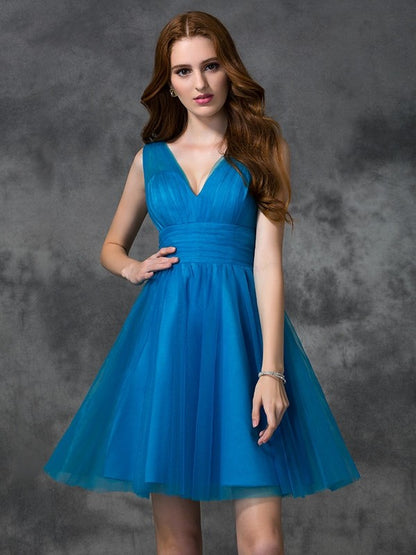 A-line/Princess V-neck Sleeveless Short Satin Bridesmaid Dresses