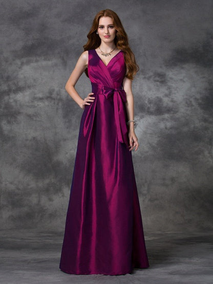 A-line/Princess V-neck Sash/Ribbon/Belt Sleeveless Long Taffeta Bridesmaid Dresses