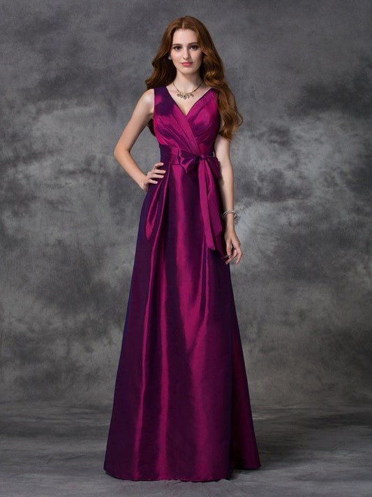 A-line/Princess V-neck Sash/Ribbon/Belt Sleeveless Long Taffeta Bridesmaid Dresses