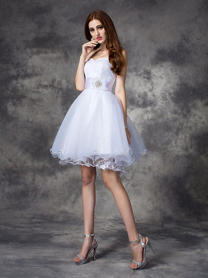 A-line/Princess Sweetheart Ruffles Sleeveless Short Organza Dresses