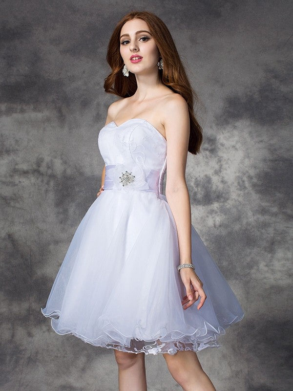 A-line/Princess Sweetheart Ruffles Sleeveless Short Organza Dresses