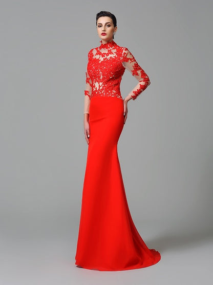 Trumpet/Mermaid High Neck Applique Long Sleeves Long Chiffon Dresses