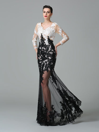 Sheath/Column V-neck Lace 3/4 Sleeves Long Net Dresses