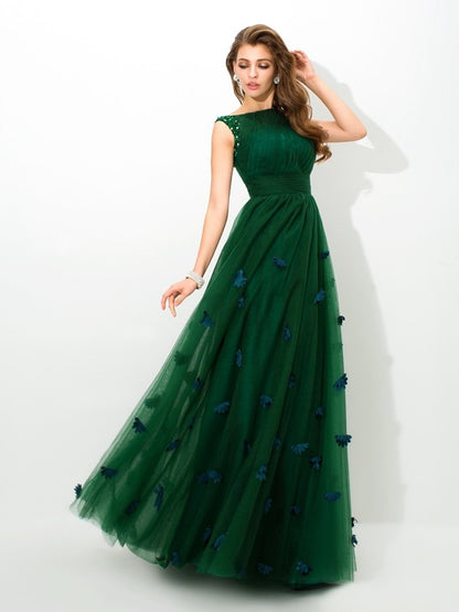 A-Line/Princess Sheer Neck Beading Sleeveless Long Net Dresses