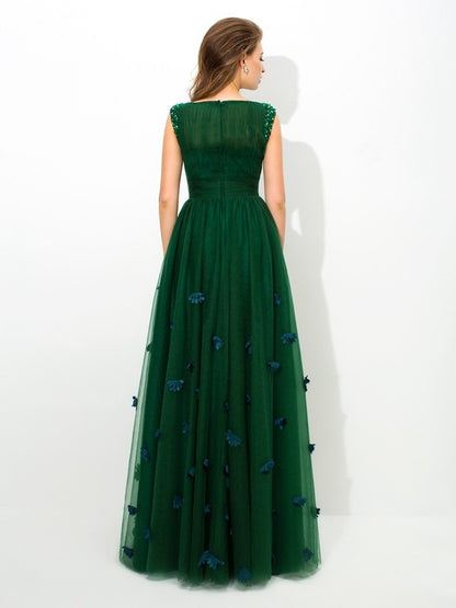 A-Line/Princess Sheer Neck Beading Sleeveless Long Net Dresses