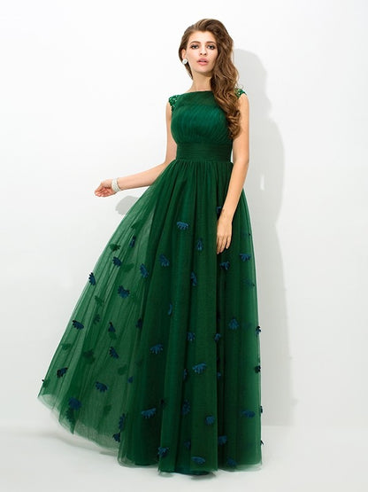 A-Line/Princess Sheer Neck Beading Sleeveless Long Net Dresses