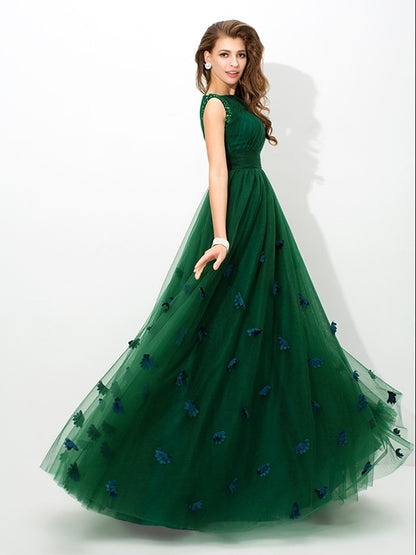 A-Line/Princess Sheer Neck Beading Sleeveless Long Net Dresses