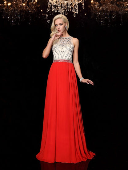 A-Line/Princess Scoop Beading Sleeveless Long Chiffon Dresses