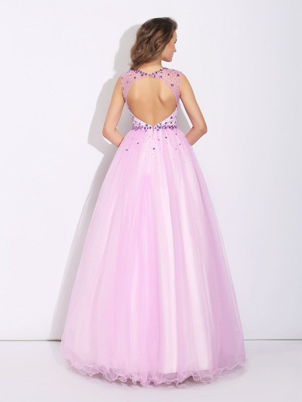 A-Line/Princess Jewel Rhinestone Sleeveless Long Net Dresses