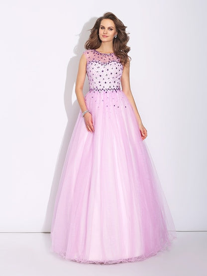 A-Line/Princess Jewel Rhinestone Sleeveless Long Net Dresses